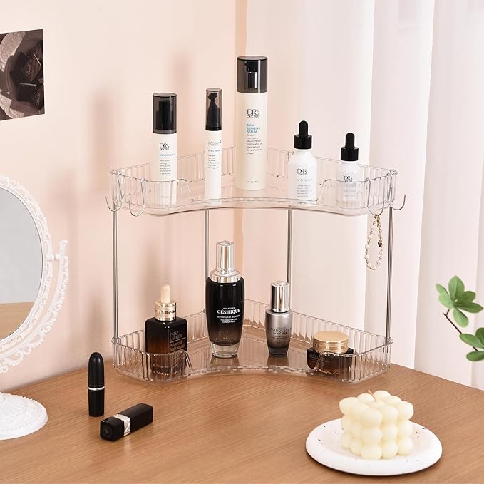 2 Tier Plastic Bathroom Counter Organizer with Hooks,Corner Vanity Tray and Makeup Storage Shelf for Sink, Countertop (White Silver)-NeatNest
