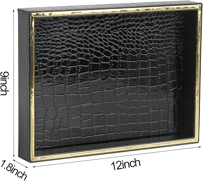 HofferRuffer Faux Leather Vanity Tray, Elegant Desktop Storage Organizer, Decorative Catchall Perfume Tray, Bathroom Valet or Nightstand Dresser Organizer (Black Croco)-NeatNest