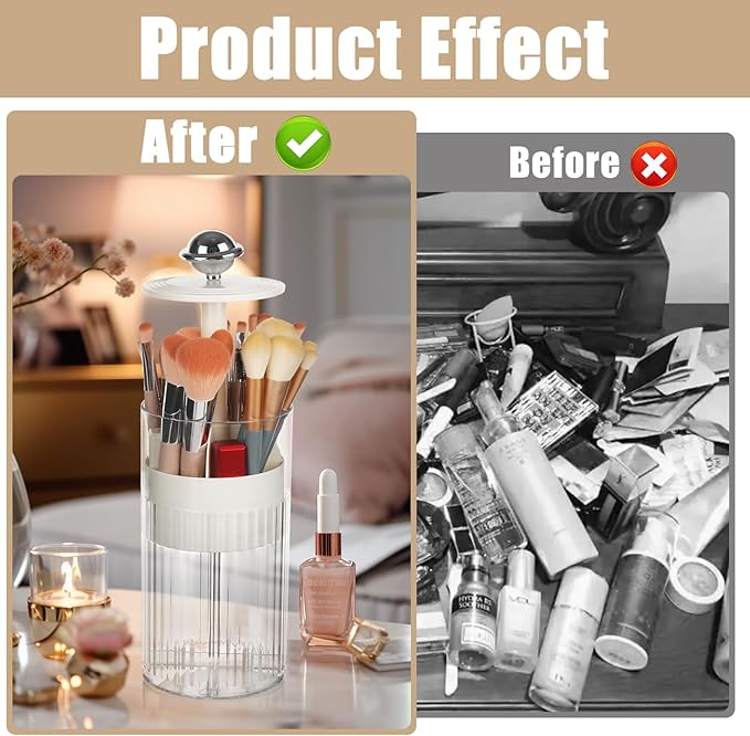 2 Pack Makeup Brush Holder with Lid Automatic Lifting Makeup Brush Organizer with Lid Dustproof & Waterproof 4-Compartment Clear Makeup Organizer for Vanity,Office,School,Dorm Room,Silver+Silver-NeatNest