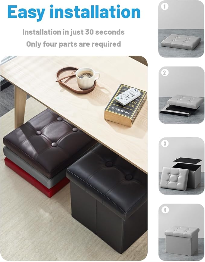AmasSmile Storage Ottoman Folding Foot Rest Stool, Leather Footstool Bench, Short Ottoman Stool, Storage Foot Rest Store, Books (Grey, 17" D x 13" W x 13" H)-NeatNest