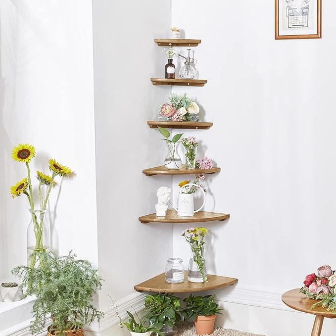 Corner Shelves, Floating Corner Shelf, Set of 2 7inch Solid Oak Wood Wall Shelves, Round End Wall Mount with Wire Hole Shelving for Small Plant for Bedroom Kitchen, Living Room-NeatNest