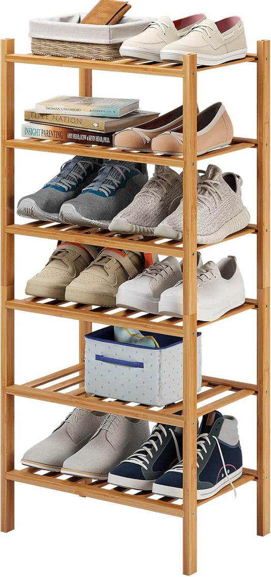 6-Tier Small Shoe Rack for Entryway, Stackable | Heavy Duty | Multi-Function, Bamboo Free Standing Shoe Racks for Bedroom Hallway Closet-NeatNest