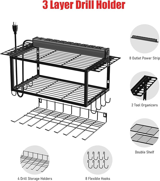 JUNNUJ Tool Organizer with Charging Station, 3 Layers Wall Mount Garage Tools Storage with 8 Outlets Power Strip, 4 Drills Holder Battery Heavy Duty Metal Shelf, Utility Rack with Hooks, Black