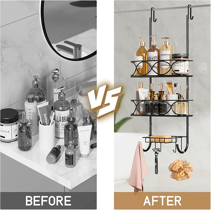 LEVERLOC Over The Door Shower Caddy, Shower Hanging Organizer Sturdy Rust Proof Bathroom Shelves with Strong Suction Cup and Reliable Hooks, Bath Basket Storage Rack, Metal Black-NeatNest