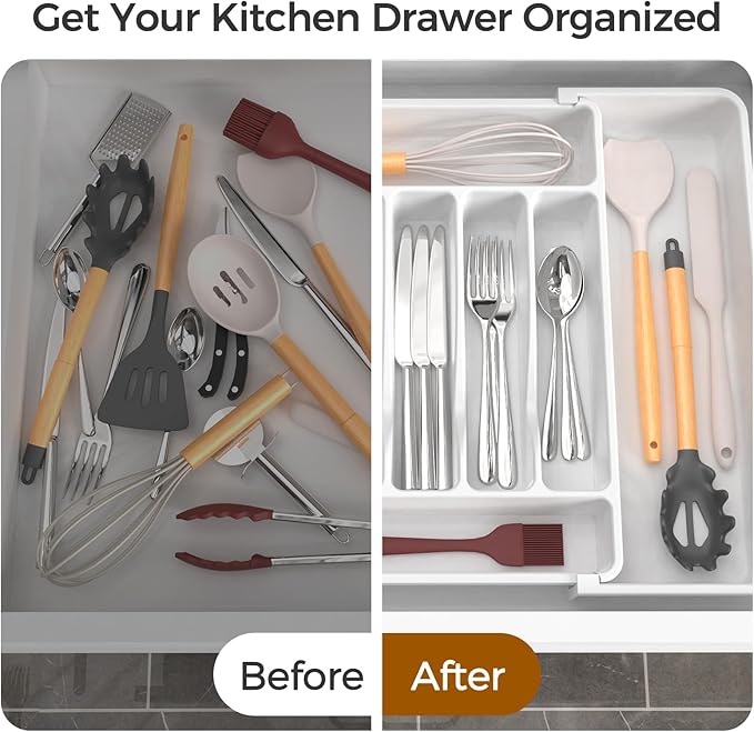 Extra Large Expandable Silverware Organizer, BPA-Free Food-Safe Cutlery Flatware Organizer, Kitchen Utensil Drawer Organizer, Adjustable Silverware Holder for Spoons Forks Knives, White-NeatNest