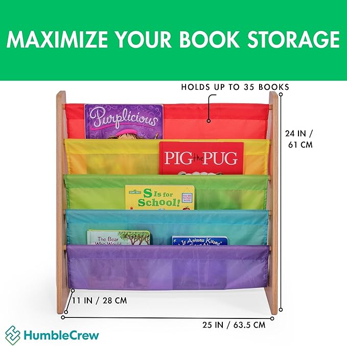 Humble Crew 4-Tier Kids Bookshelf, Natural Wood/Rainbow - Premium Book Shelf for Kids Rooms with Four Deep Pockets - Toddler Sling Book Rack with Deep Sleeves, Nursery Bookcase Organizer