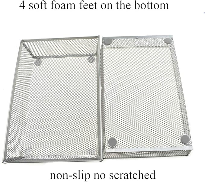HAHIYO Stackable Mesh Tray Cup 9 x 6 x 2 inches Sturdy Container for Desk Drawer Organizer Collection for Home Office School kitchen Soft Foam Feet No Sharp Edges 1 Pack Silver-NeatNest