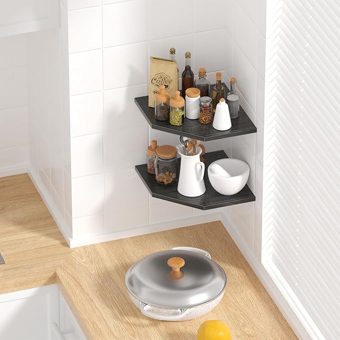 JJL Corner Wall Shelf, Set of 2 Floating Corner Shelf for Wall Storage,Easy-to-Assemble,Wall Mount Corner Shelves for Teen Boy Room Decor,Minimalist Decor(14.76in Black)-NeatNest