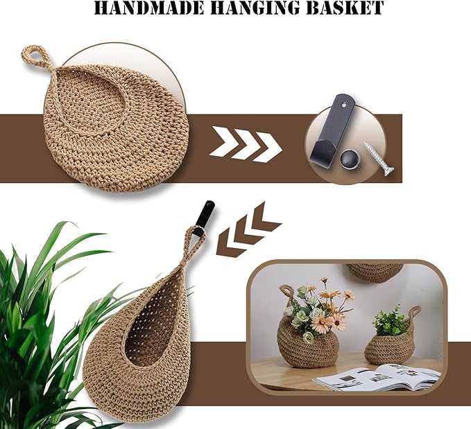 Hanging Fruit Basket Set of 3, Boho Wall Hanging Storage Basket for Organizing, Handmade Teardrop Hammock Holder for Fruit Vegetable in Home & Restaurant Kitchen with Hooks, Light Flaxen