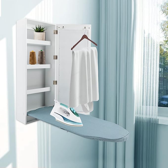 Ironing Board Cabinet Wall Mounted, Cabinet with Built-in Ironing Board, Foldable Ironing Storage Station with Mirror for Home, Apartment & Small Spaces, Easy-Release Lever