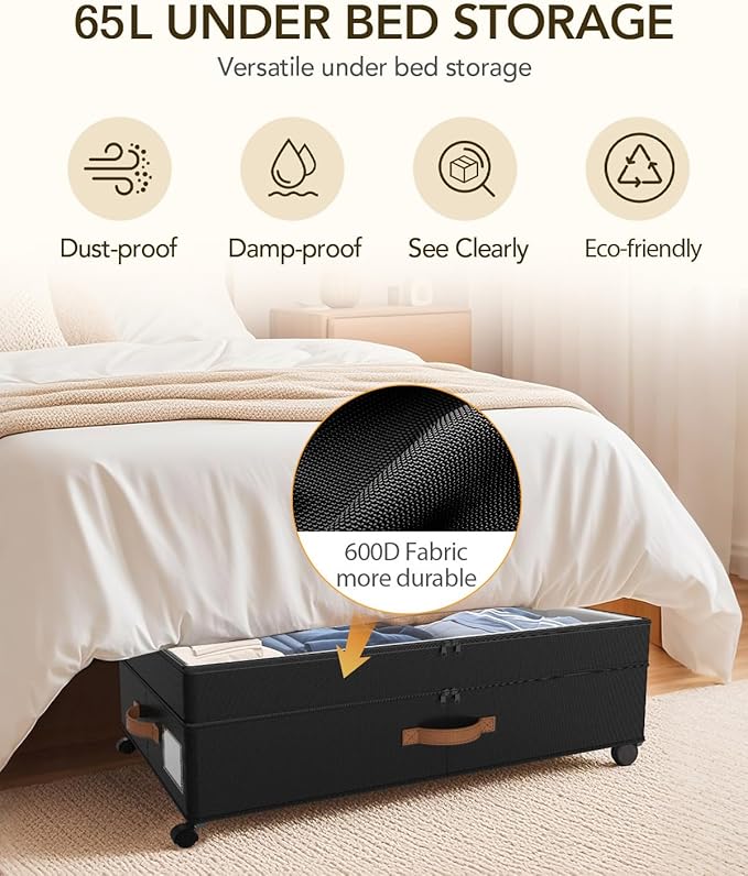 4 Pack Under Bed Storage with Wheels, Adjustable Height Storage Containers, 10 inches Large Capacity Rolling Underbed with Lids, Storage Drawers Shoes, Clothes, Blankets, Black-NeatNest
