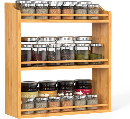 Bamboo Spice Rack Organizer, 3 Tier Spice Jars Shelf for Kitchen Countertop or Wall Mounting-NeatNest