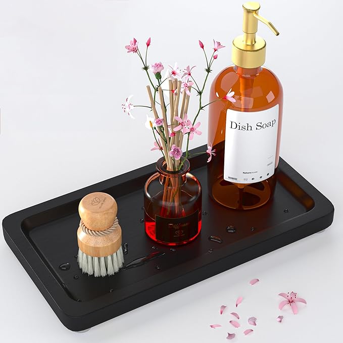 Black Bathroom Tray - Small Black Bamboo Wood Tray Decor for Vanity, Coffee Table, Cologne and Perfume Tray, Matte Black Bathroom Decor for Counter, Soap Dish, 9 inch-NeatNest