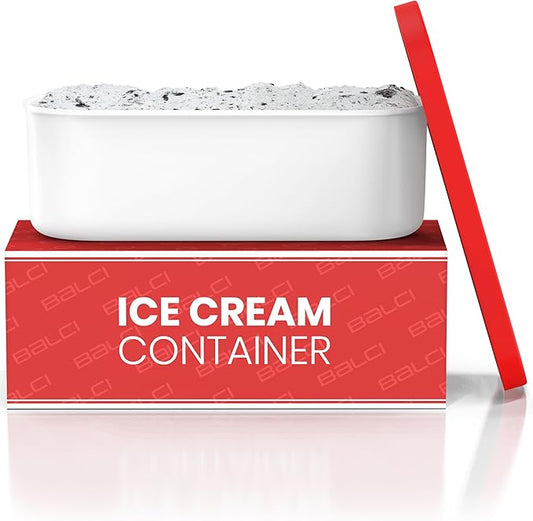 BALCI - Ice Cream Container - 2 Quart - Perfect Reusable Freezer Storage for Homemade Ice Cream Tubs for Sorbet, Frozen Yogurt and Gelato! - Flexible Silicone Lids, Long Scoop, Stackable - Red