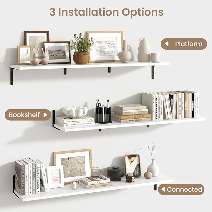 Fun Memories Deep Floating Shelves, 48W x 8D Floating Shelves Set of 2, Wall Mounted Shelf with Metal Brackets, Rustic Wood Wall Shelf for Bathroom, Kitchen and Living Room, White-NeatNest