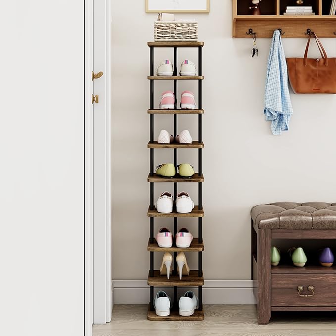 AZERPIAN Shoe Rack 9 Tier Vertical Storage Organizer Narrow Metal Slim Shelf Modern Free Standing Shoe Tower Saving Space for Closet Entryway Bedroom,Black+Rustic Brown-NeatNest