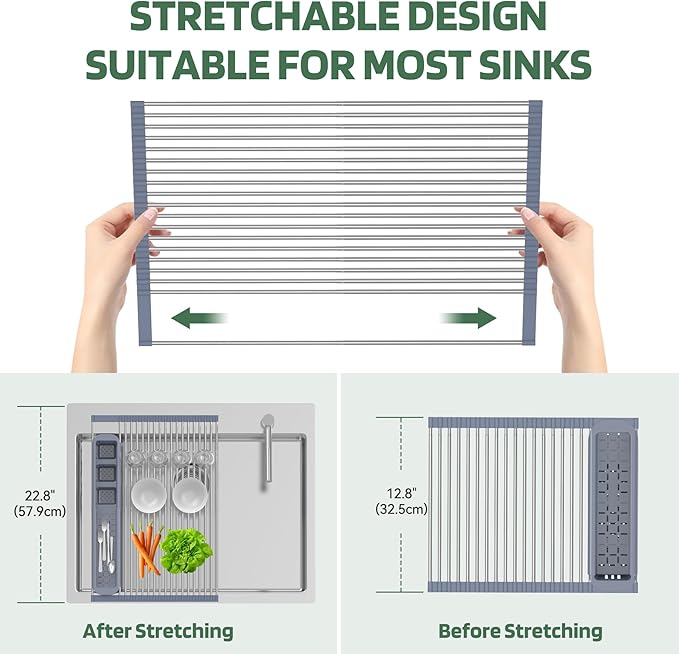 BBXTYLY Stainless Steel Extra Large Gray Drying Rack, Over The Sink, Expandable Roll Up Kitchen Drainer, Includes Removable Utensil Holder (13.6''-25.1'')