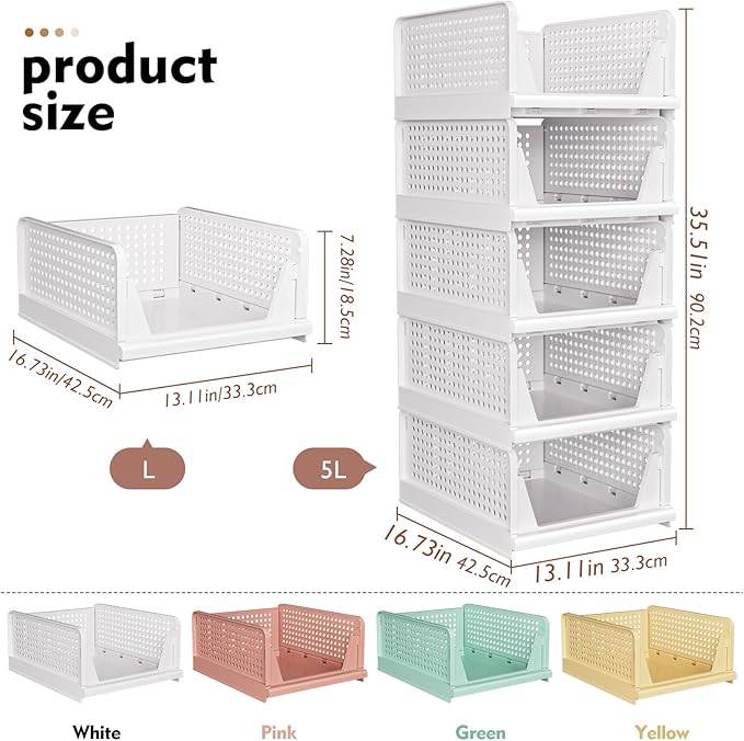 SNSLXH 5 Pack Stackable Closet Organizer Box, Multifunctional & Foldable Closet Storage Basket for Bathroom Kitchen Laundry Room Wardrobe Storage, Space-Saving Clothes Storage Drawer Organizer, Yellow-NeatNest