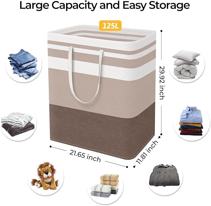 HomeHacks 2-Pack Large Laundry Basket, Waterproof, Freestanding Laundry Hamper, Collapsible Tall Clothes Hamper with Extended Handles for Clothes Toys in the Dorm and Family (Brown, 125L)-NeatNest