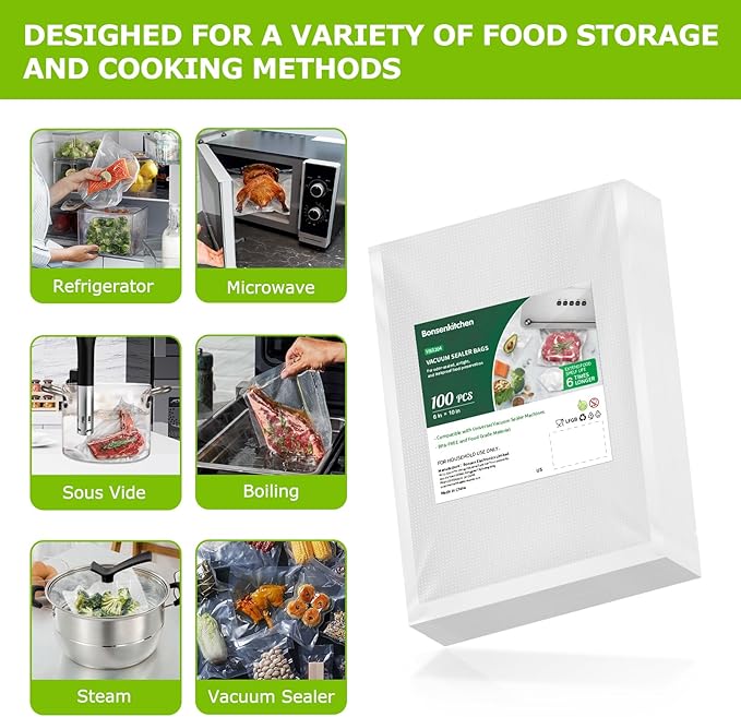 Bonsenkitchen Precut Vacuum Food Sealer Bags 100 Pint 6" x 10", BPA Free, Commercial Grade Textured Food Vacuum Sealer Bag, Thick Embossed Bags for Food Storage and Sous Vide Cooking VB3204-NeatNest