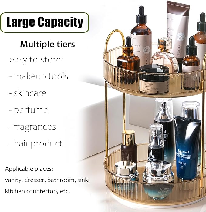Rotating Makeup Organizer Countertop 2 Tier Lazy Susan Trays Clear Skincare Perfume Storage for Bathroom Counter Vanity, Amber Gold-NeatNest