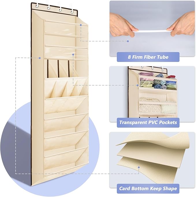 FENTEC 1 Pack Over The Door Shoe Organizer, 68" Exlarge Deep Pockets Hanging Shoe Organizers, 8-Tier Shoe Rack for Closet, Shoe Holder for Boots,Over Door Organizer in Home, RV, Dorm, Beige-NeatNest