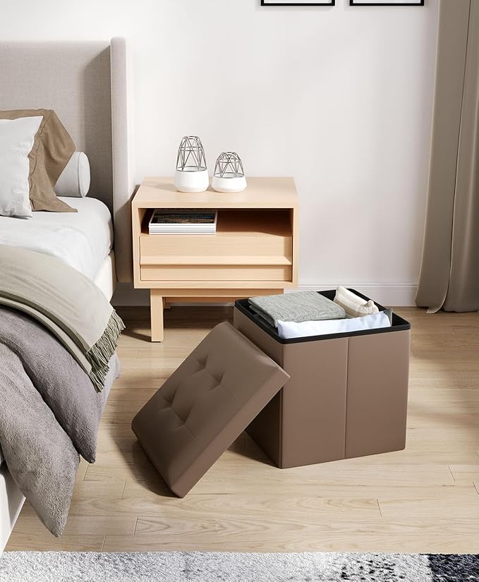 Folding Storage Ottoman Bench, Multi-Functional Ottoman Footrest, End of Bed Bench, Storage Chest for Living Room, Bedroom, Hallway, Entryway, Holds Up to 700 lbs (Brown, 15 Inches)