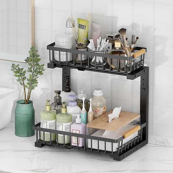 2-Tier Slide Out Under Sink Organizer – 2-Tier Pull-Out Storage Rack, Bathroom organizers and storage for Kitchen and Bathroom, Space-Saving Cabinet Organizer, Rustproof,（Black)(1 Pack)-NeatNest