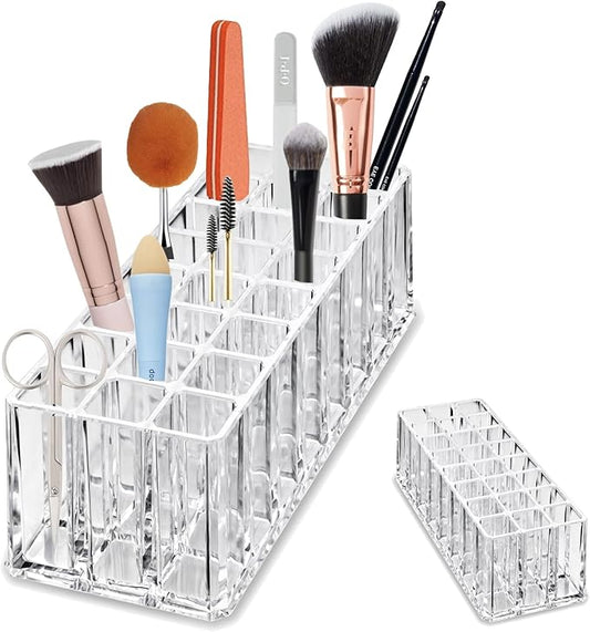 BY ALEGORY Acrylic Makeup Tool Organizer 24 Space Storage Deep Slot Refillable Container For Long Cosmetic Beauty Tool Organization Display Case-NeatNest