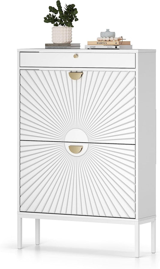 XIAO WEI Shoe Cabinet, Shoe Storage Organizer Cabinet with 2 Flip Half Moon Line Doors, Freestanding Shoe Rack with Adjustable Shelf for Entryway（White-NeatNest