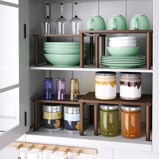 Cabinet Organizer Shelf(Set of 2),Kitchen Counter Shelves,Bamboo Spice Rack Countertop and Cabinet,Stackable Expandable,Medium(Brown)-NeatNest