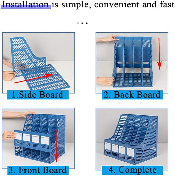 Lemical File Holder Desktop Filing File Box 4 Compartments Vertical File Organizer Magazine Rack Book Holder Frames Binder Holder for Home Office School (Blue)