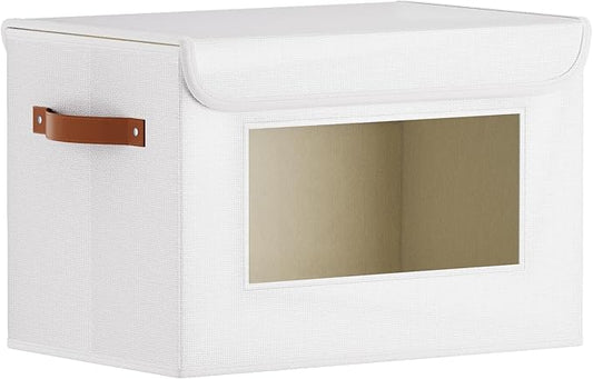 Fabric Storage boxes, 13 x 9.1 x 7.9 inch Blanket Baskets for Shelves with Lids, Cubes with Handles, Decorative Linen Closet Organizers Bins, White, 1-Pack