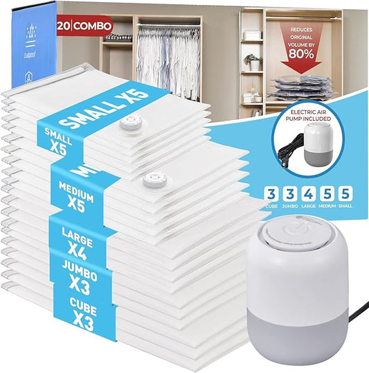 20 Pack Vacuum Storage Bags with Electric Air Pump, Vacuum Sealed Storage Bags (3Cube/3Jumbo/4Large/5Medium/5Small), Space Saver Bag for Clothes, Blanket, Duvets, Pillows, Mattress,Comforters, Travel-NeatNest