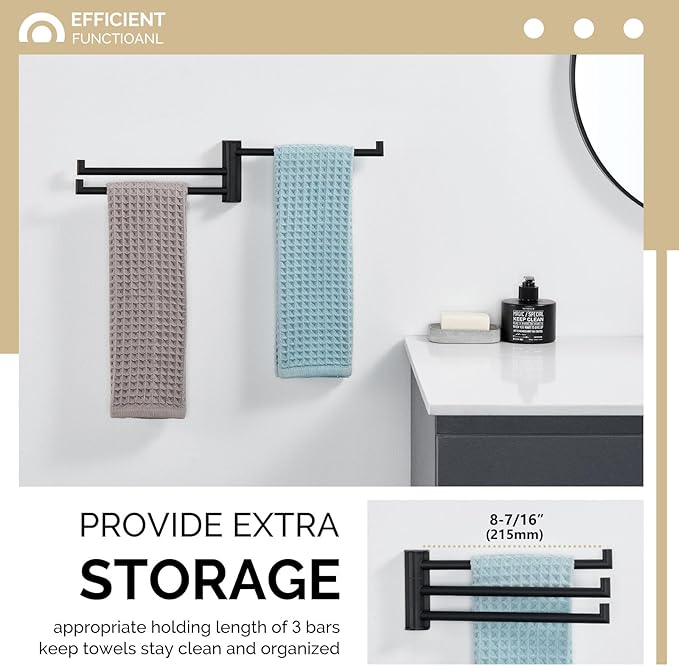Angle Simple Swivel Hand Towel Holder, SUS 304 Stainless Steel Foldable 3 Towel Bars for Bathroom, Matte Black