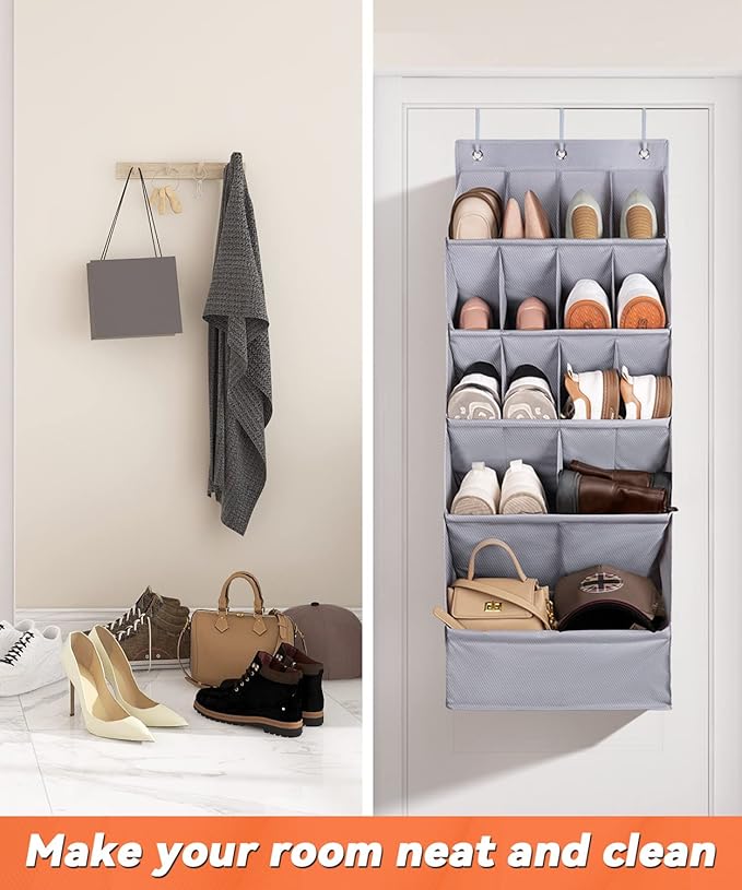 FENTEC 1 Pack Over-the-Door-Shoe-Organizers, Hanging Shoe Organizers with Large Pocket Shoe Holder Hanging Shoe Rack for Closet Shoe Organizer for Wall, Over Door Organizer with 15 Pockets Gray-NeatNest