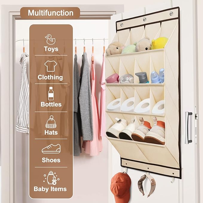 FENTEC 2 Pack Over the Door Shoe Organizer, Hanging Shoe Organizer, 28 Large Deep Pockets Door Shoe Rack with 6 Hooks Shoe Organizer for Shoes, Sneakers, and Home Accessories, Beige-NeatNest