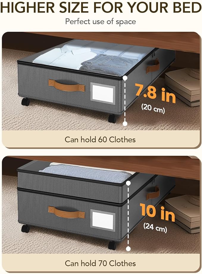 4 Pack Under Bed Storage with Wheels, Adjustable Height Storage Containers, 10 inches Large Capacity Rolling Underbed with Lids, Storage Drawers Shoes, Clothes, Blankets, Grey-NeatNest