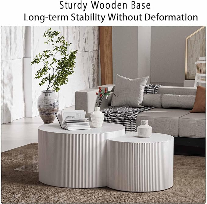 Modern Round Wooden Nesting Coffee Table Set of 2 Circle Tables with Non-Slip Feet, Accent Side End Table, Saving Space Design and No Need Assembly (GSMALL)