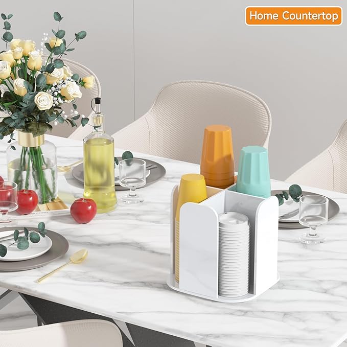 Beego Rotatable 4-Compartment White Acrylic Cup Dispenser - Coffee Station Cup and Lid Carousel Countertop Plastic Cup Holder for Restaurant Breakroom Coffee Bar-NeatNest