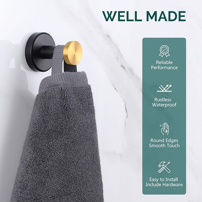 Angle Simple Towel Hook Black & Gold, Stainless Steel Bathroom Hook for Wall, Round Robe Hook, Hand Towel Holder