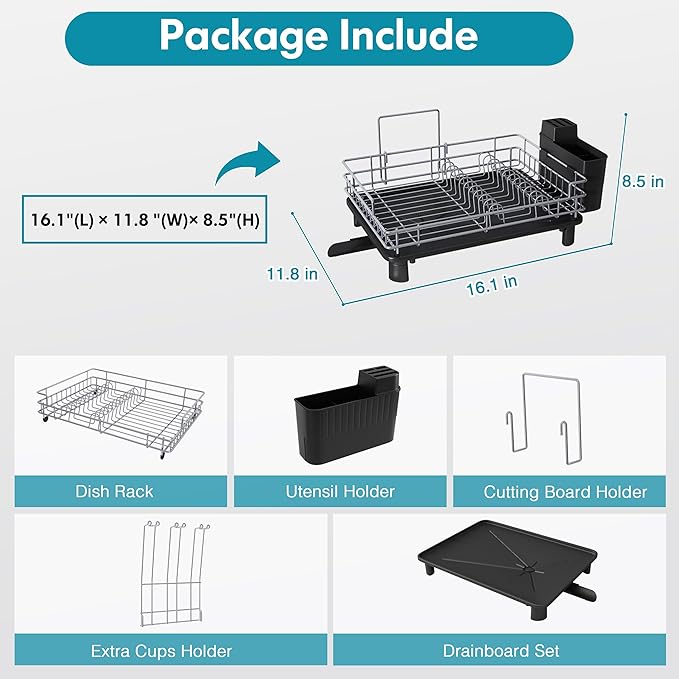 BOOSINY Dish Drying Rack for Kitchen Counter, Stainless Steel Dish Drainers with Drainboard Set, Space Saving, Compact Metal Plates Strainers Rack with Cup Holder, Utensil Holder-NeatNest
