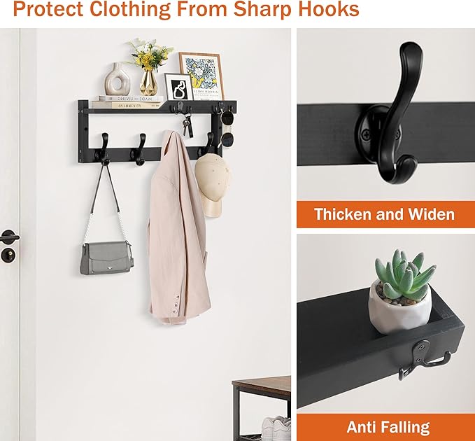 Coat Rack Wall Mount with Shelf, Coat Hanger Wall Mount with Key Hooks and Mail Holder, Wood Entryway Floating Shelf with Hooks and Storage, Hat Rack for Wall Key Holder Mail Organizer-NeatNest