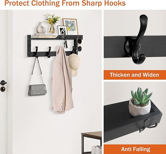 Coat Rack Wall Mount with Shelf, Coat Hanger Wall Mount with Key Hooks and Mail Holder, Wood Entryway Floating Shelf with Hooks and Storage, Hat Rack for Wall Key Holder Mail Organizer-NeatNest