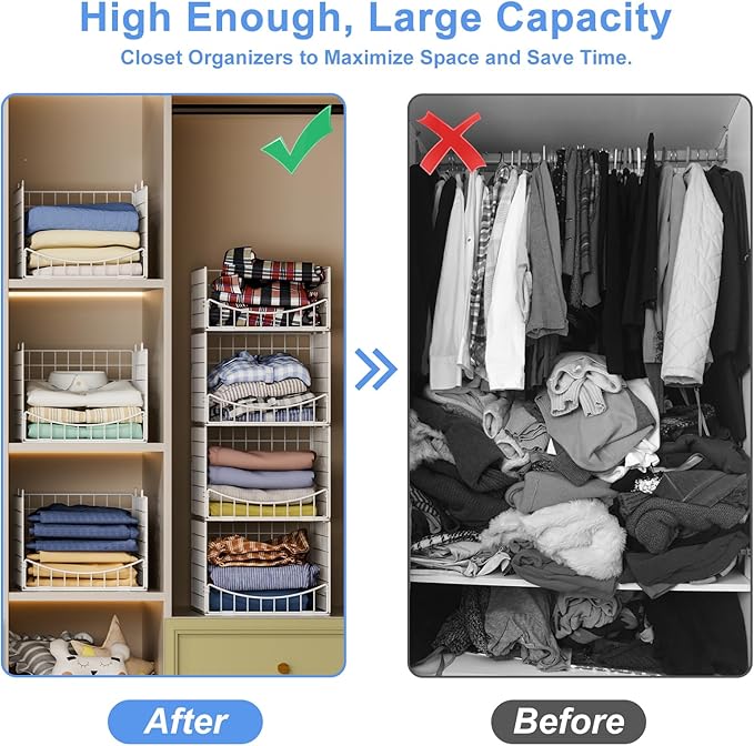 4-Tier Stackable Closet Organizers and Storage Shelves, Clothes Storage Basket Sweater Organizer Bins Container for Wardrobe Kitchen Bathroom Office, White