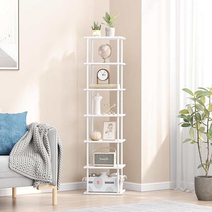 Vertical Tall Shoe Rack Organizer for Entryway -7 Tier Free Standing Slim Narrow Bamboo Wood Corner Stackable Shoe Boots Storage Stand Small Spaces for Closet Garage Cloakroom Living Room (White)-NeatNest