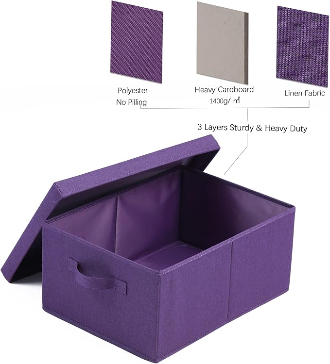 HOONEX Storage Bins with Lids for Organizing, Pack of 2, Storage Boxes with 2 Carry Handles and Sturdy Heavy Cardboard, 16.5" L x 11.8" W x 7.5" H for Shoes, Books, Clothes, Nursery, Dark Purple-NeatNest
