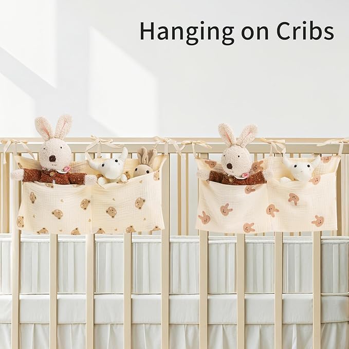 Hanging Storage Bags for Crib, 2-Pack Diaper Bag Organizers Crib Baby Nappy Bags Cribs Accessories for Bed Playpen, Bunk Organizing Bag Muslin Bedside Pockets for Milk Bottle/Toy/Diaper (Bear & Bunny)-NeatNest