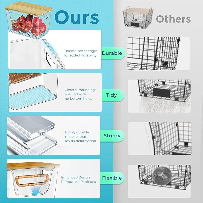 4 Set Kitchen Pantry Organizers and Storage,Potato Onion Storage Bin,Clear Open Front More Easy Access with Bamboo Top,Stackable Storage Fruit Vegetable Basket for Kitchen Counter-NeatNest