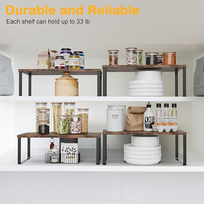 Cabinet Shelf Organizers, 15.7 inches Large Kitchen Counter Shelf, Set of 4 Wood Kitchen Pantry Organizer, Storage Shelves for Countertop, Spice Rack, Stackable, Expandable, Metal Black, Brown-NeatNest